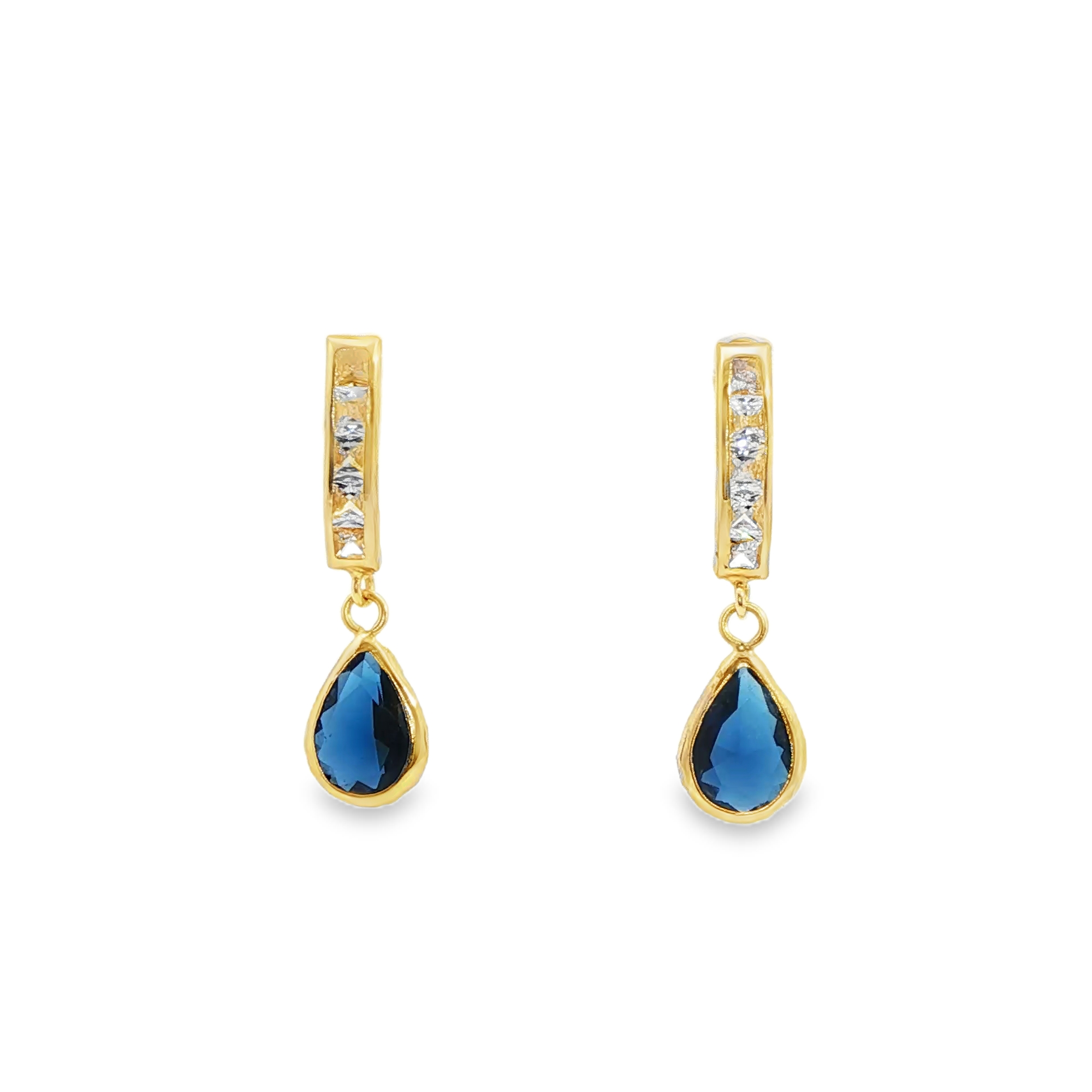 Yellow Gold 14K Drop Earrings with Pear Cut Blue Stone