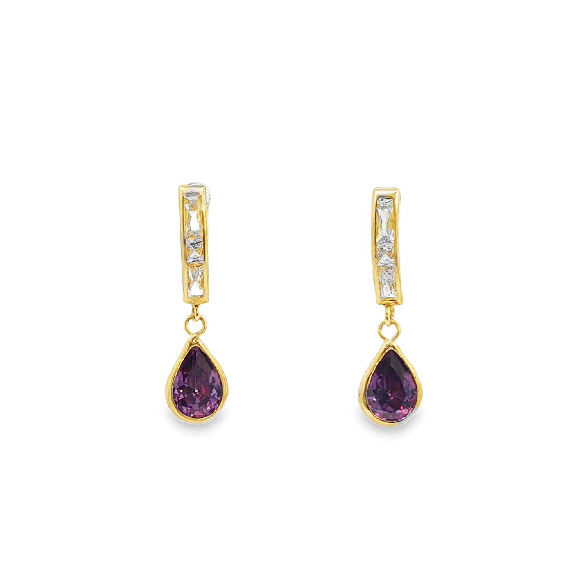 Pendientes de gota de oro amarillo de 14 quilates con piedra morada en forma de pera
