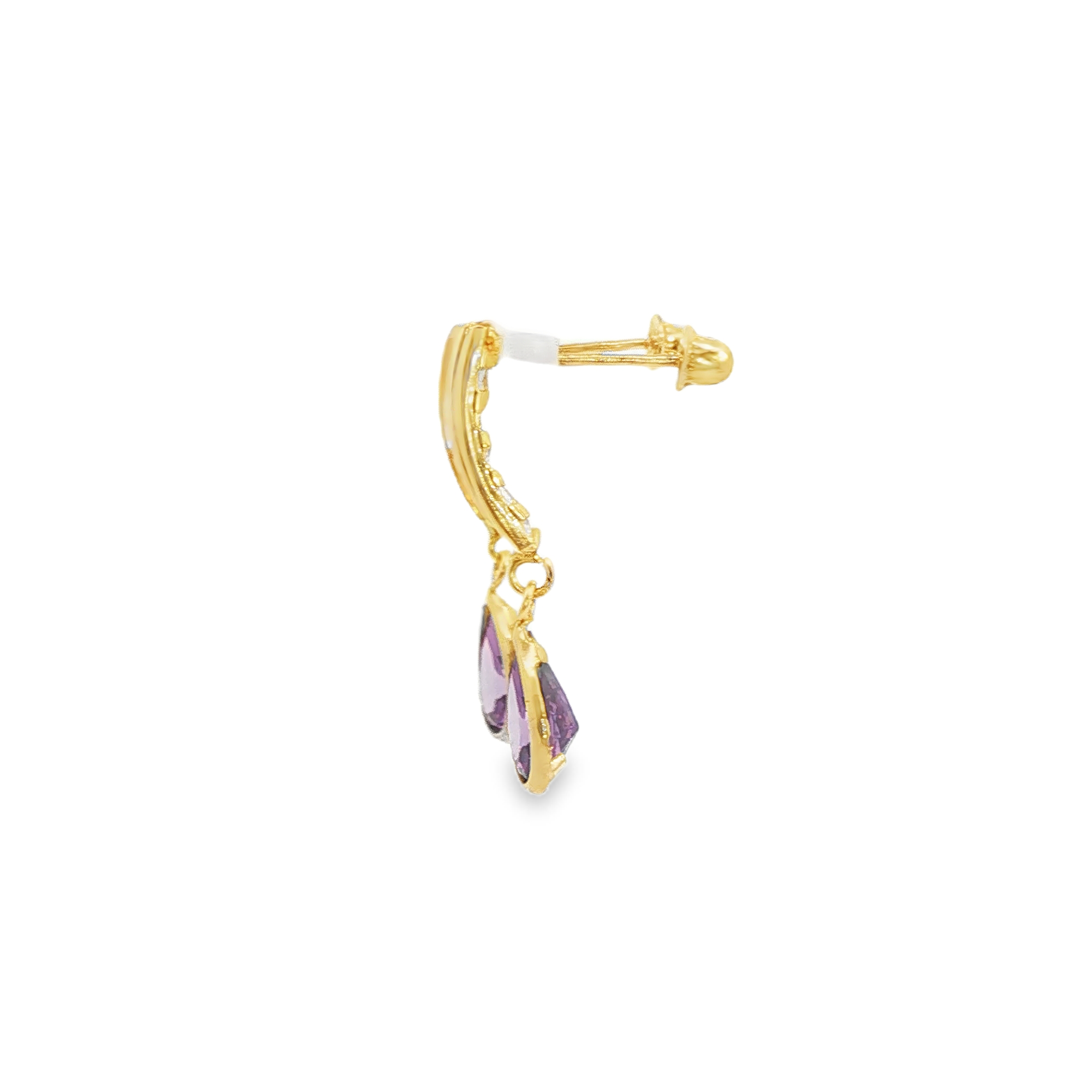 Pendientes de gota de oro amarillo de 14 quilates con piedra morada en forma de pera