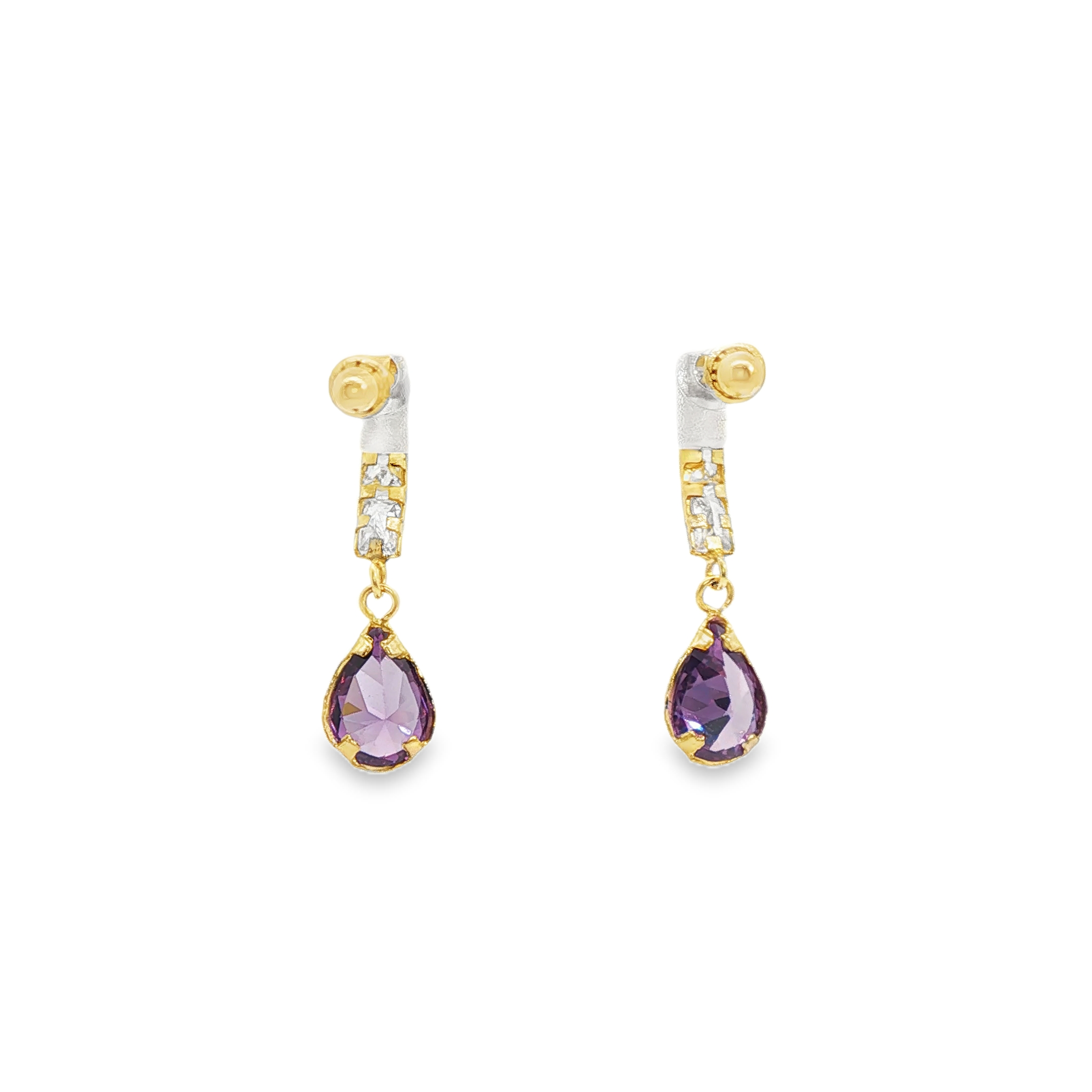 Pendientes de gota de oro amarillo de 14 quilates con piedra morada en forma de pera