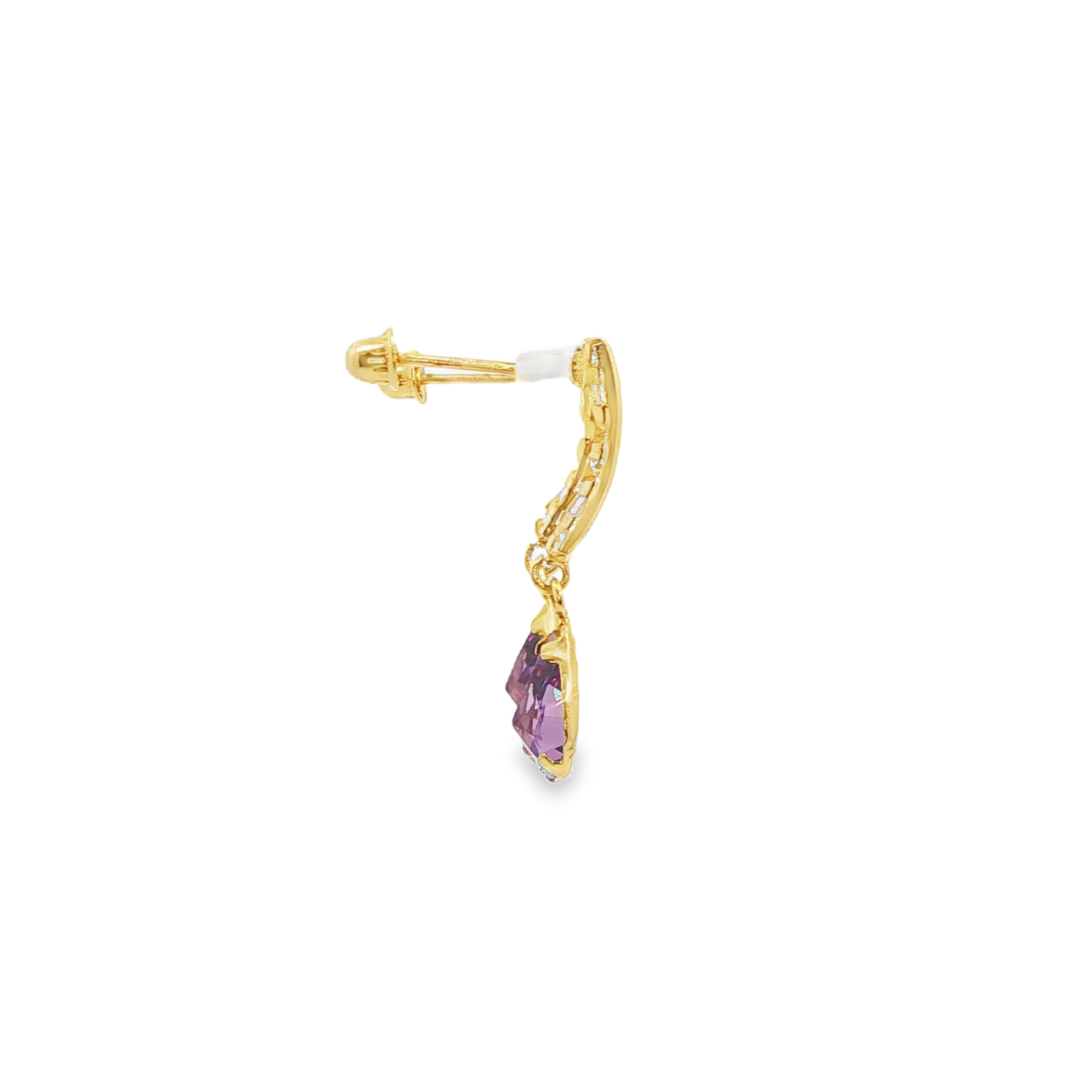 Pendientes de gota de oro amarillo de 14 quilates con piedra morada en forma de pera