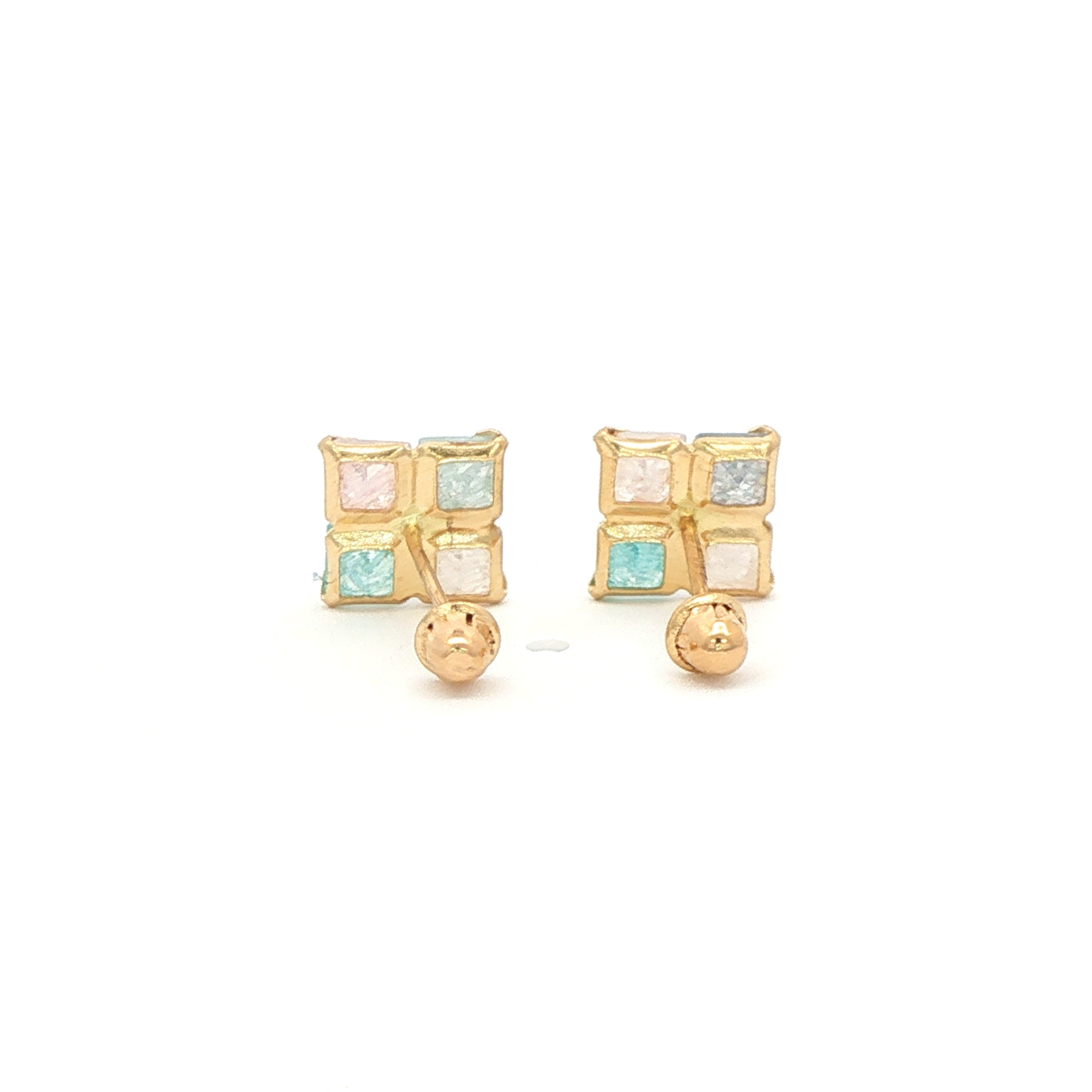 Yellow Gold 14K Stud Earrings with Square Stone Cabochons