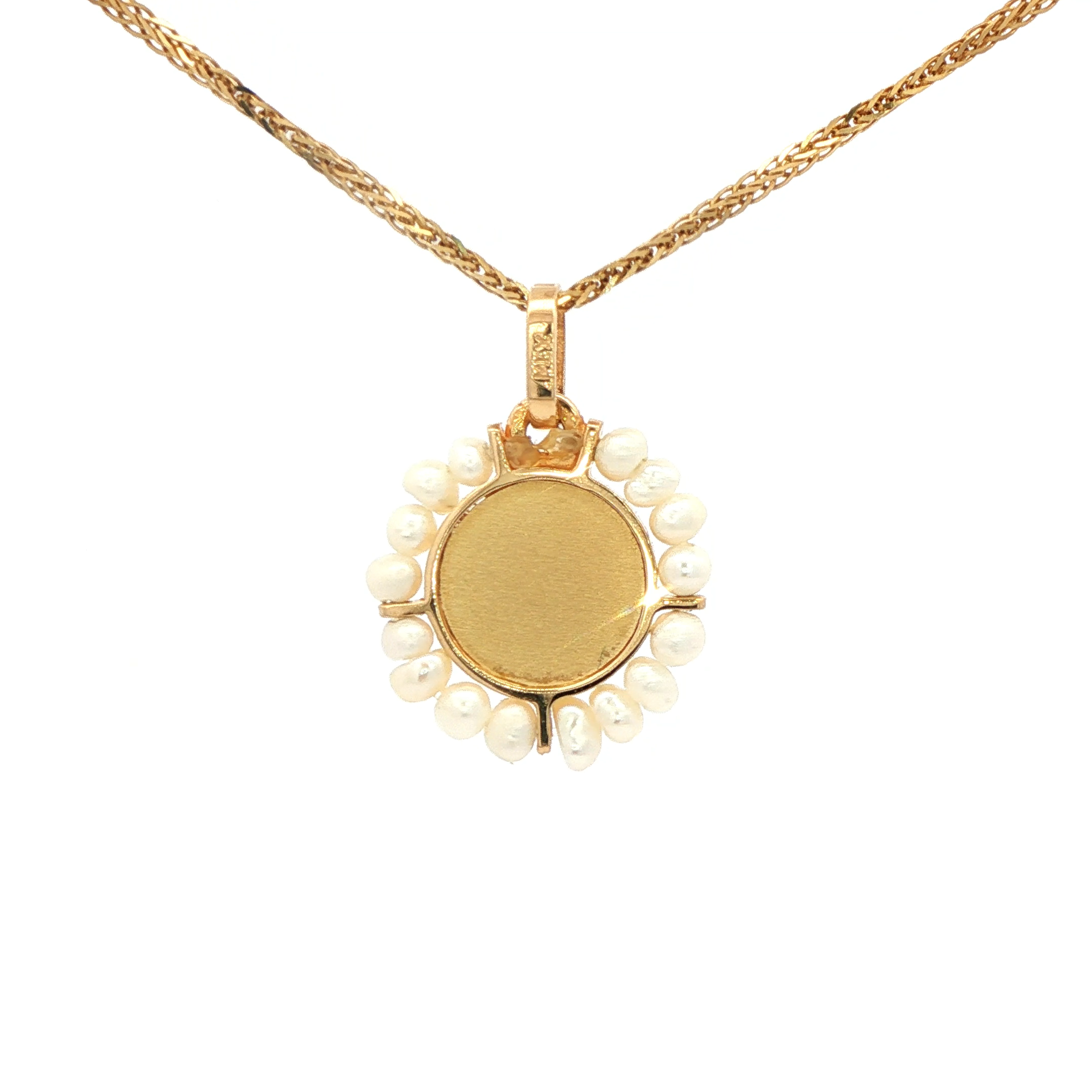 Yellow Gold 14K Virgin Mary Pendant Surrounded by 16 Pearls