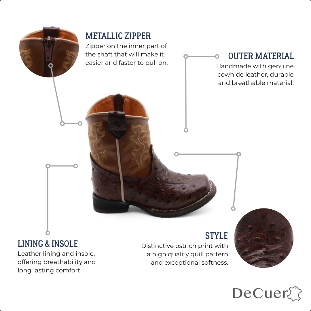 Cedric Kids Brown Ostrich Print Leather Boots