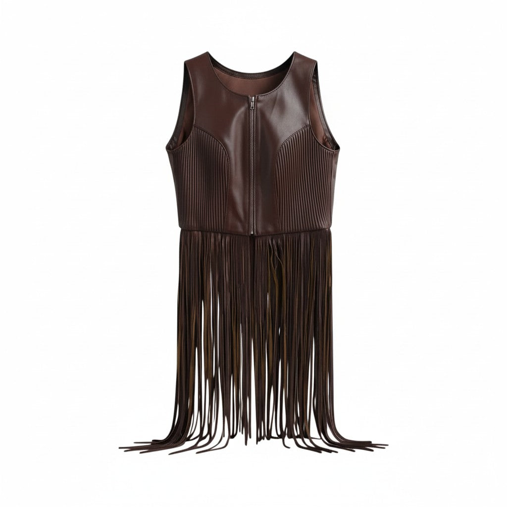 Chiara Women's Brown Leather Vest with Fringes