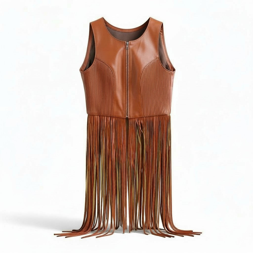Chiara Women's Camel Leather Vest with Fringes
