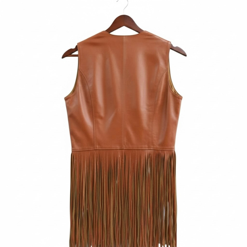Chiara Women's Camel Leather Vest with Fringes