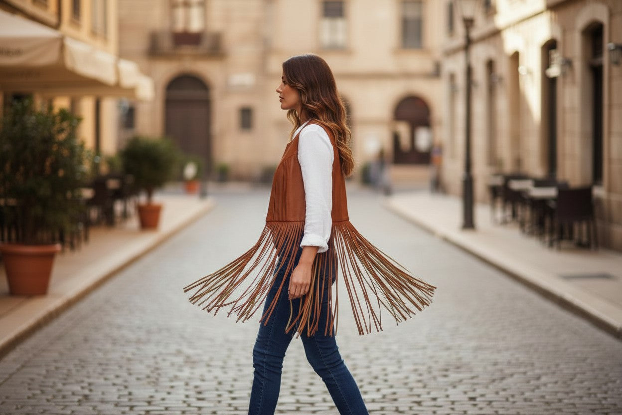 Chiara Women's Camel Leather Vest with Fringes