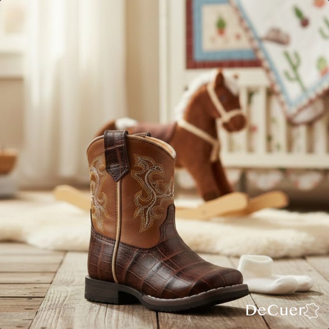 Botas de cuero con estampado de cocodrilo marrón de Logan Baby