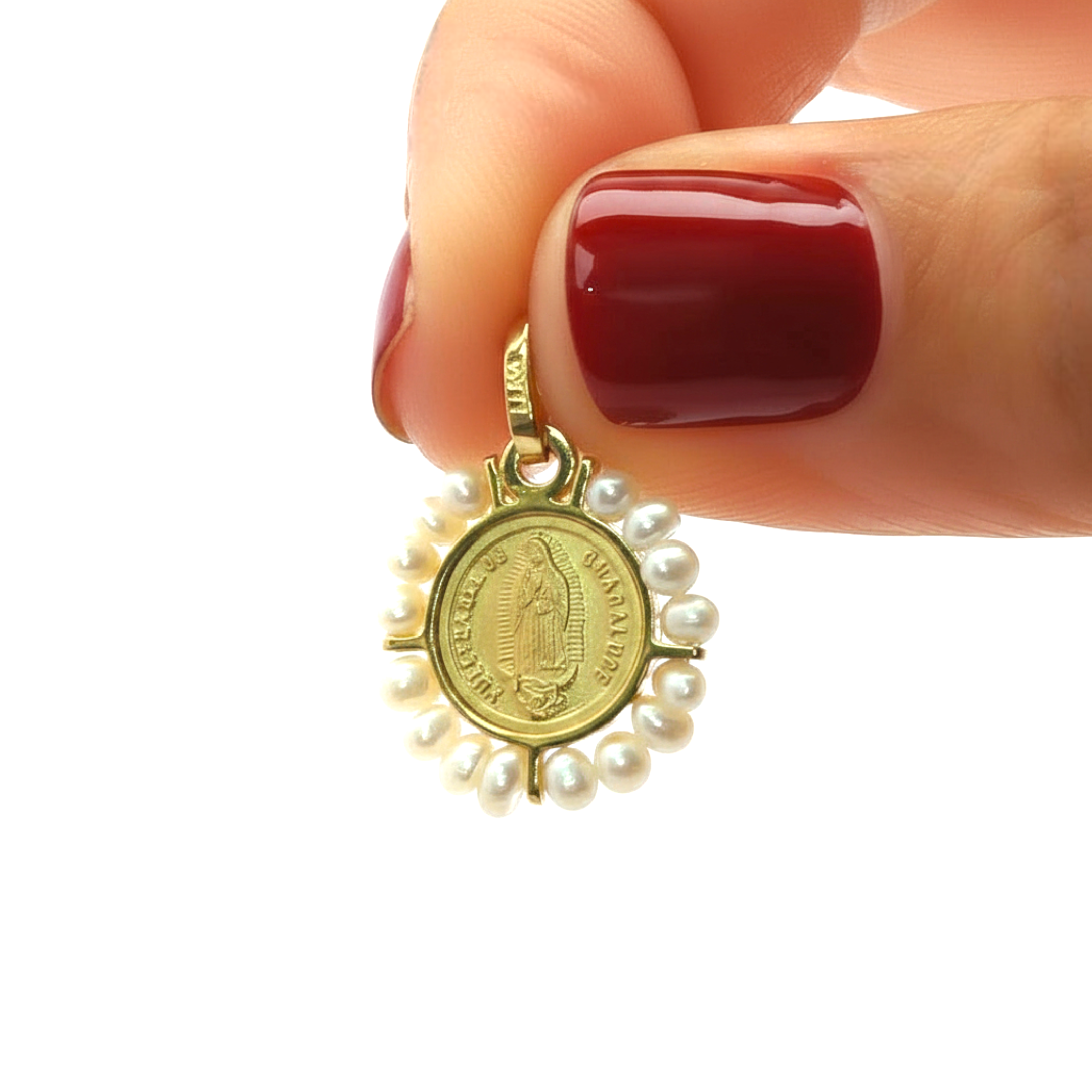 Yellow Gold 14K Virgin Mary Pendant Surrounded by 16 Pearls