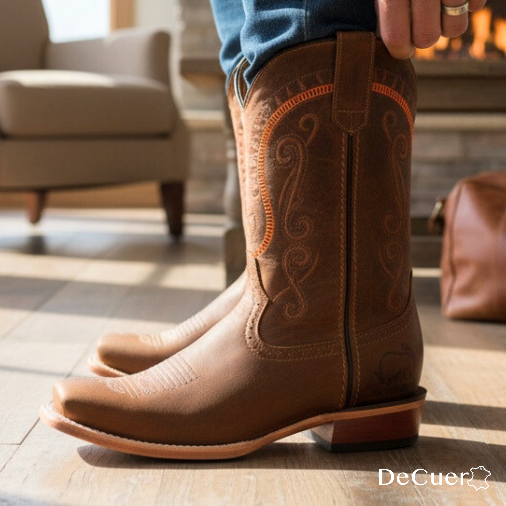 Houston Men's Elephant Print Brown Leather Boots