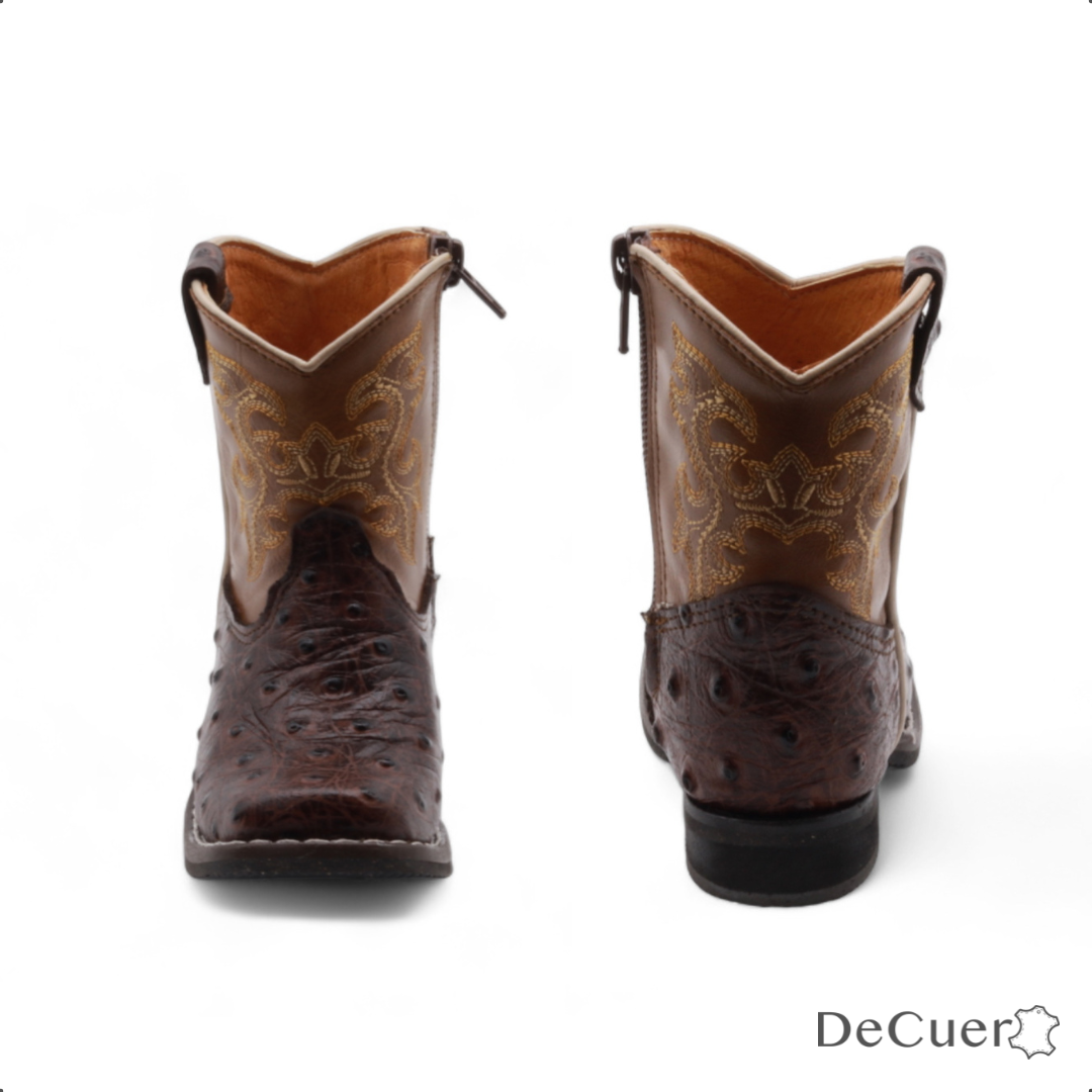 Cedric Kids Brown Ostrich Print Leather Boots