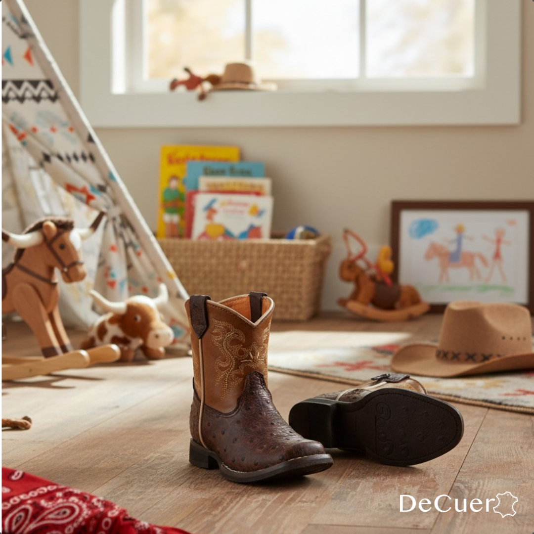 Cedric Kids Brown Ostrich Print Leather Boots