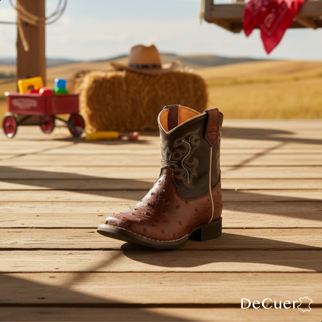 Cedric Kids Shedron Ostrich Print Leather Boots