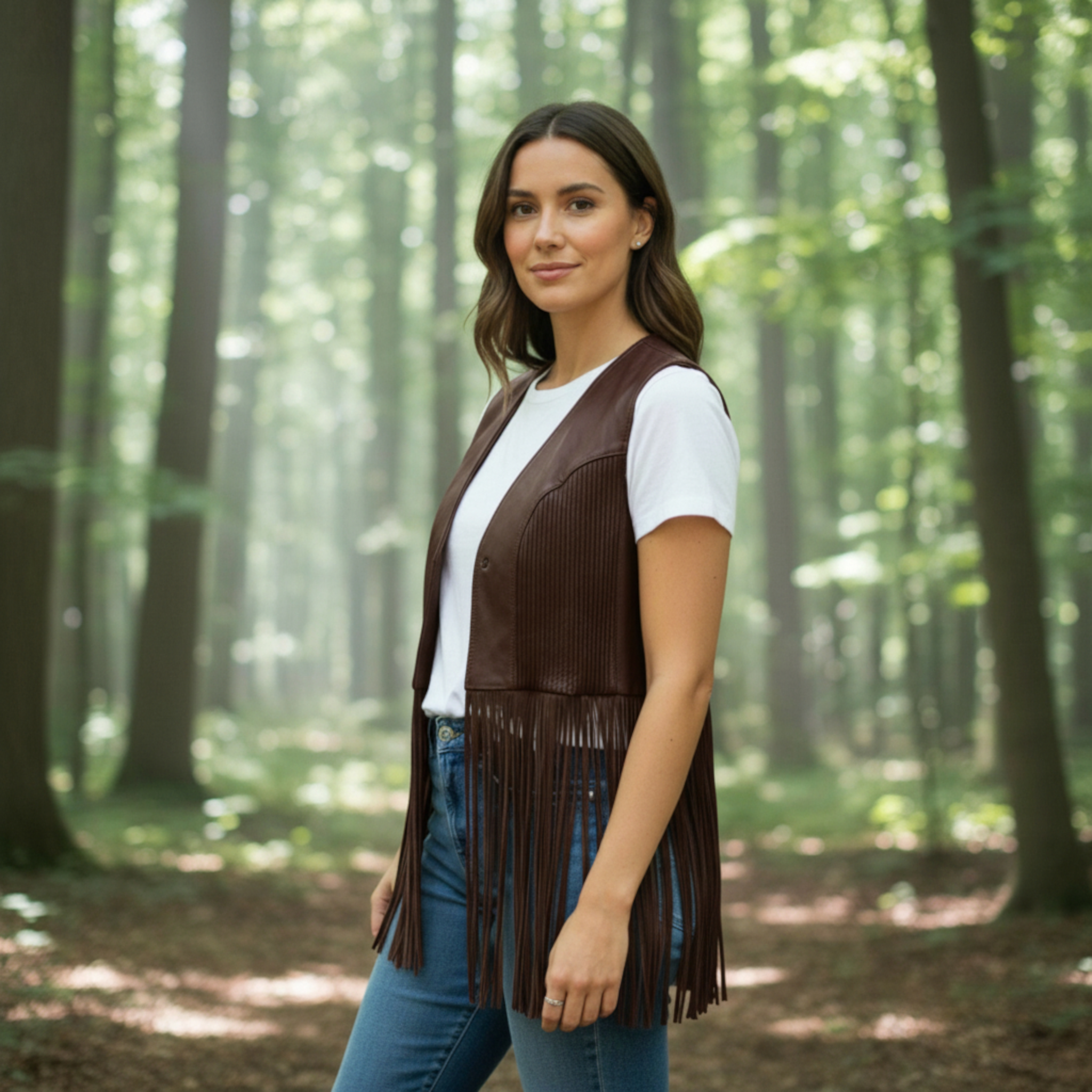 Chiara Women's Brown Leather Vest with Fringes